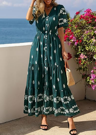 Damen Boho Maxikleid mit floralen Prints und Taillengürtel Drune