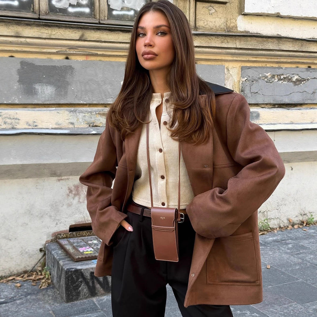Damen Oversized Mantel mit Lederkragen und Taschen Drune