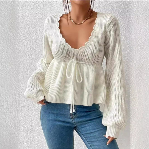 Damen Strickpullover mit dekorativem Rundhalsausschnitt und Kordelzug Drune