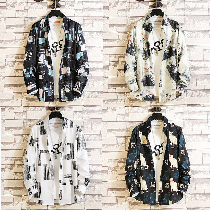 Herren nan langärmliges Hemd mit offenem Reverskragen, kontrastivem Blumenprint und lässiger Regular-Fit Silhouette Drune