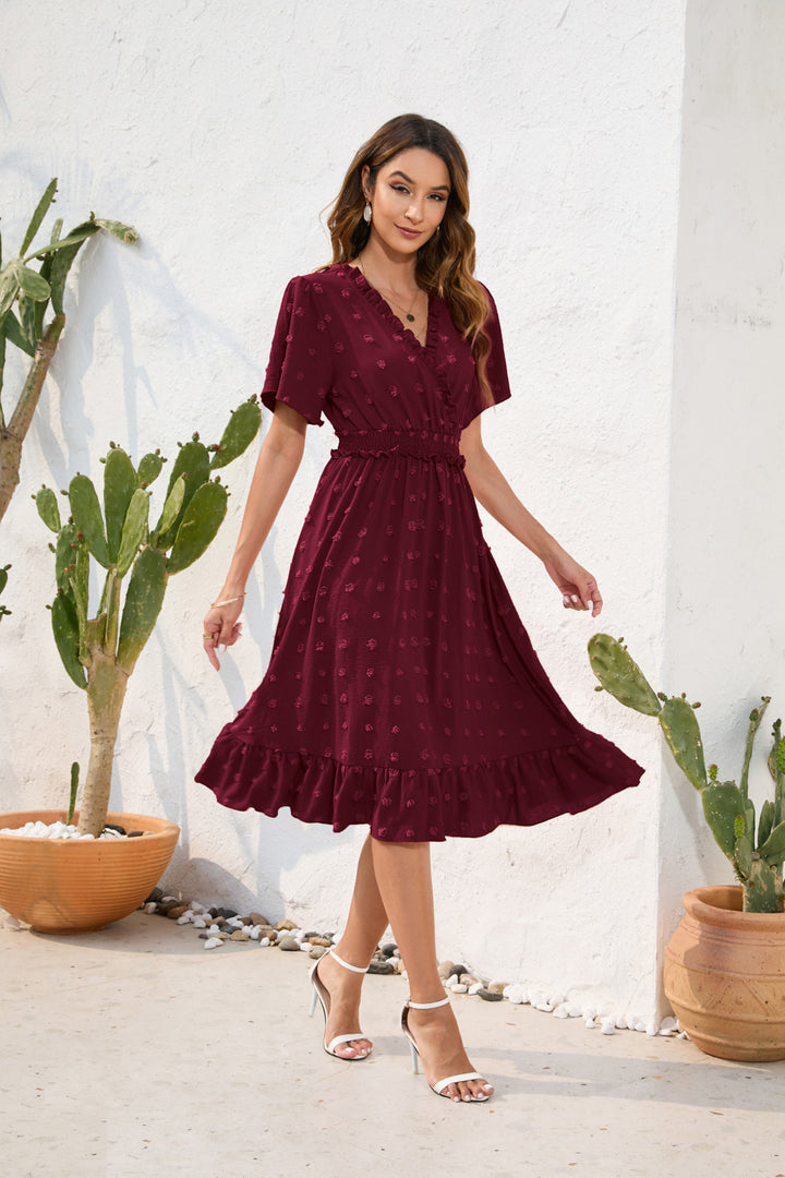 Damen Midikleid mit raffiniertem V-Ausschnitt, elastischem Taillenzug und fließendem Rock Drune