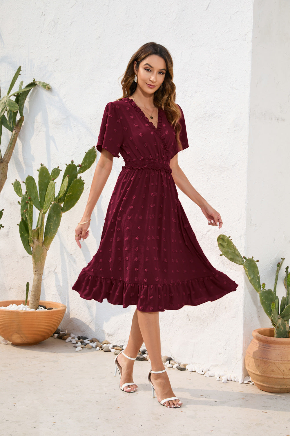 Damen Midikleid mit raffiniertem V-Ausschnitt, elastischem Taillenzug und fließendem Rock Drune