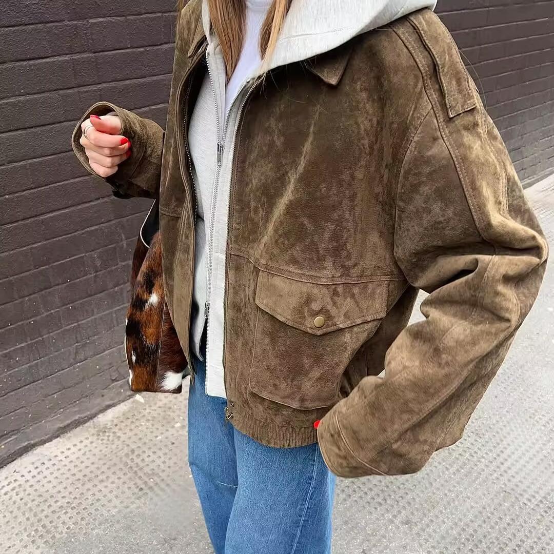 Damen Kunstlederjacke mit praktischen Taschen und elastischem Bund Drune