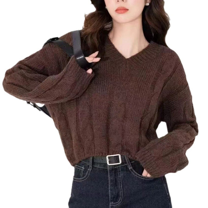 Damen Strickpullover mit Zopf-Muster und V-Ausschnitt Drune
