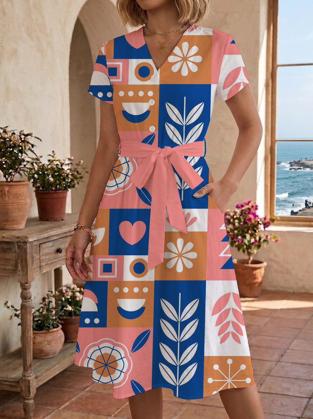 Damen Blühendes Midikleid mit taillierbarem Gürtel und kunstvollem Print Drune