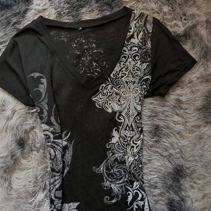 Damen Elegantes V-Ausschnitt T-Shirt mit kunstvollem Design Drune