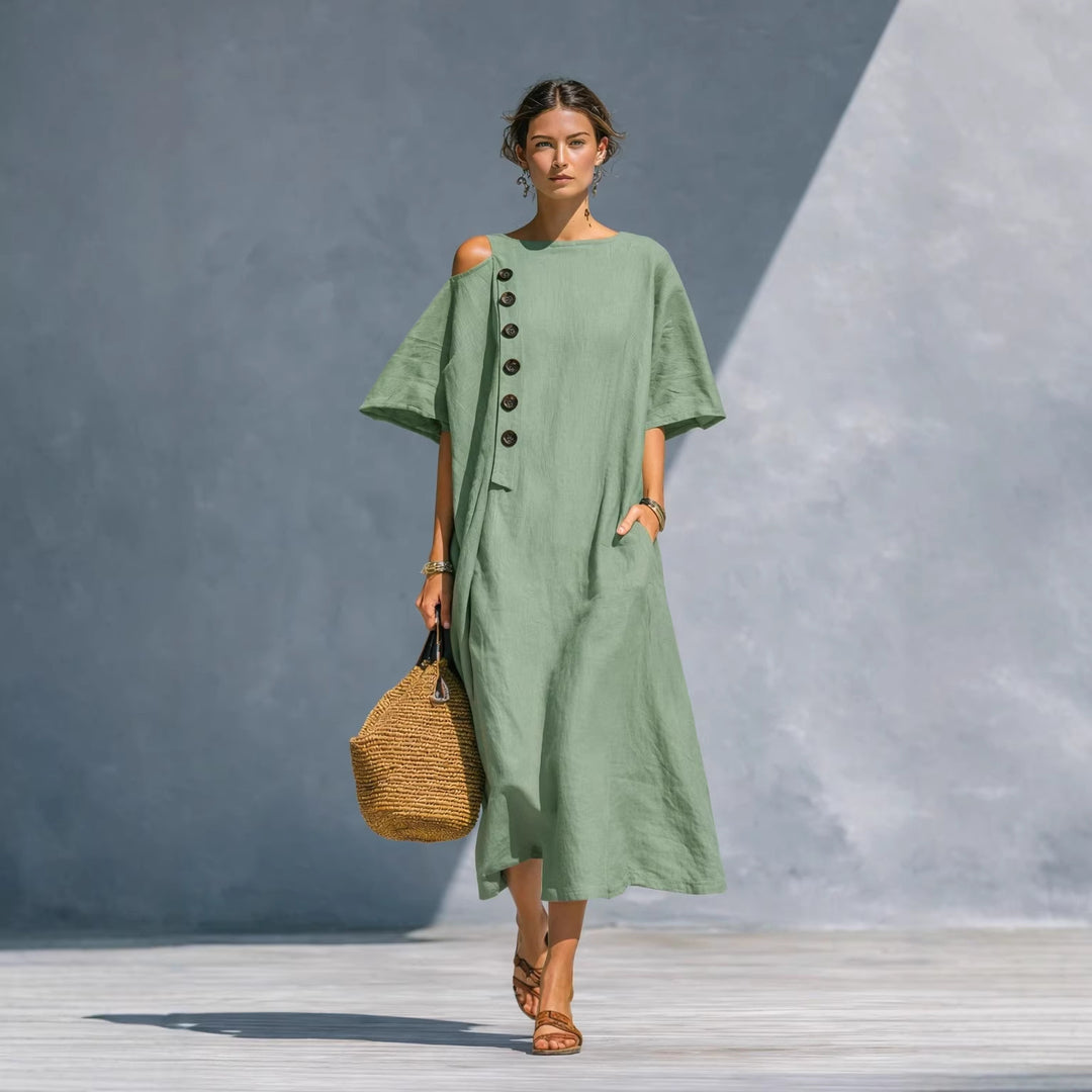 Damen Oversize-Langarmkleid mit asymmetrischem Ausschnitt und Knopfdetail Drune