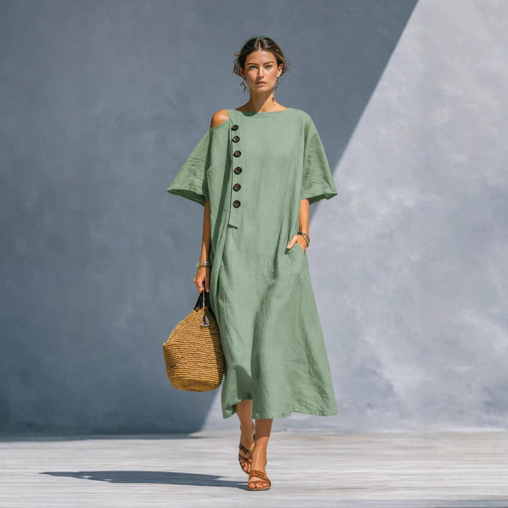 Damen Oversize-Langarmkleid mit asymmetrischem Ausschnitt und Knopfdetail Drune