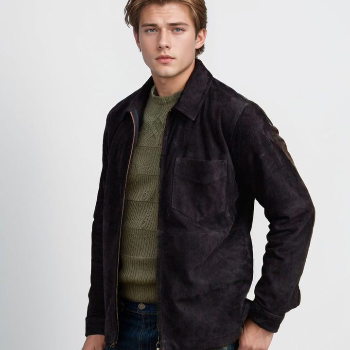 Herren modische Wildlederjacke mit hohem Stehkragen Drune