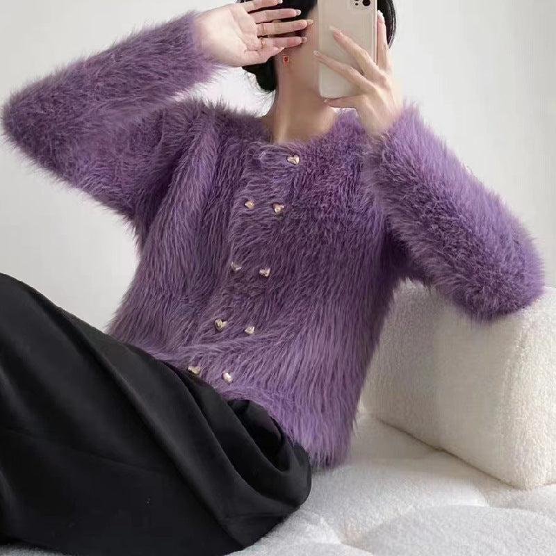 Damen kuschelige Strickjacke mit dekorativen Knöpfen Drune