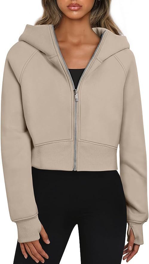 Damen Cropped Sweatjacke mit Reißverschluss und Kapuze Drune