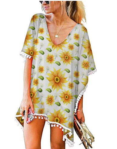 Damen Strandtunika mit floralem Design und Poncho-Art Drune