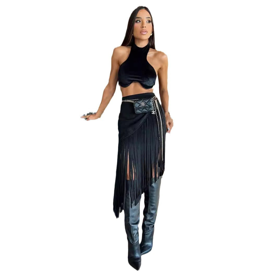 Damen Fransenrock mit modischem Hochtaille und edlem Gürtel Drune