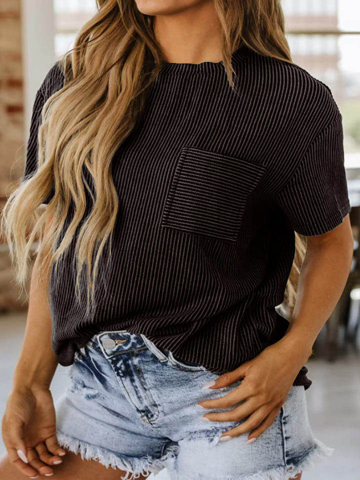 Damen lässiges Kurzarmshirt mit strukturierter Oberfläche und praktischem Brusttaschen Drune