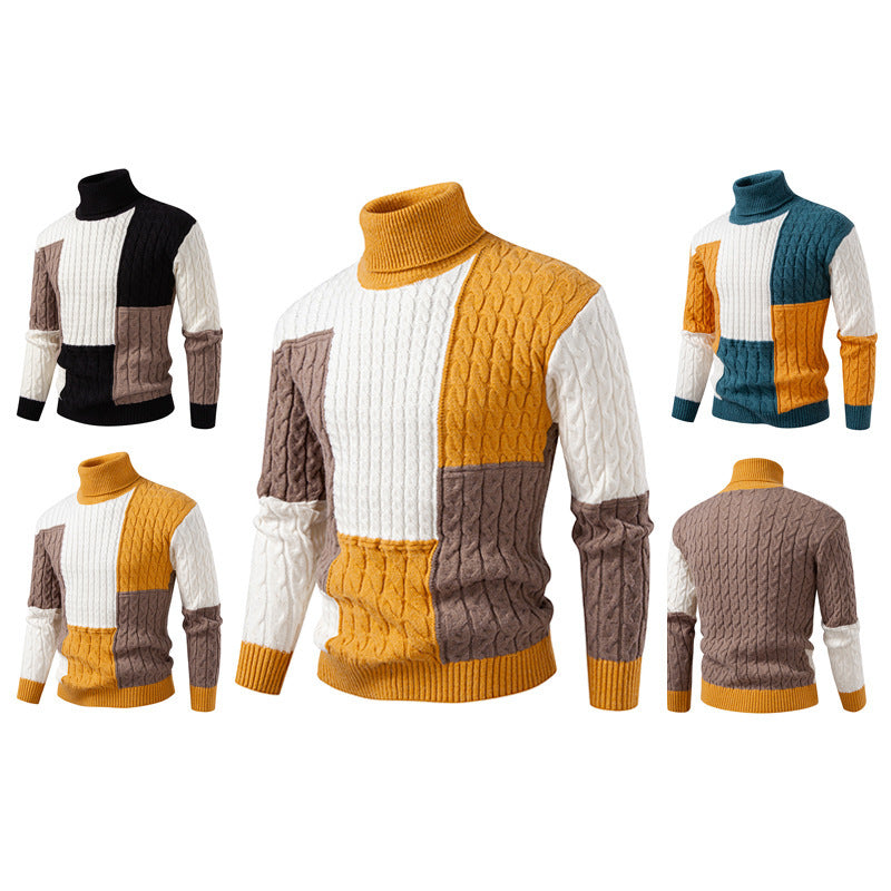 Herren nan strukturierter Rollkragenpullover mit Farbblock-Zopfstrick Drune