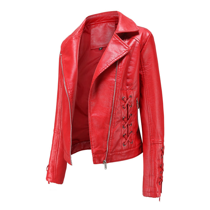 Damen modische Kunstlederjacke mit raffinierten Schnürdetails Drune