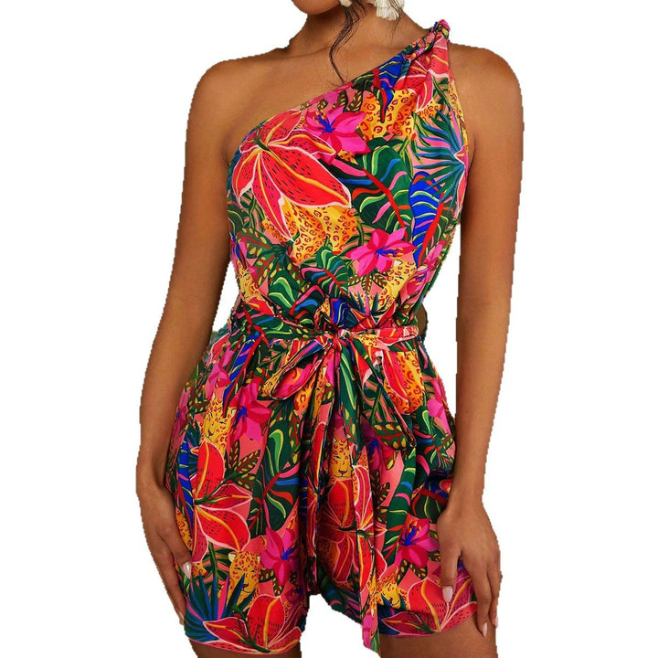 Damen Ein Schulter Playsuit mit floralem Muster und Taillengürtel Drune