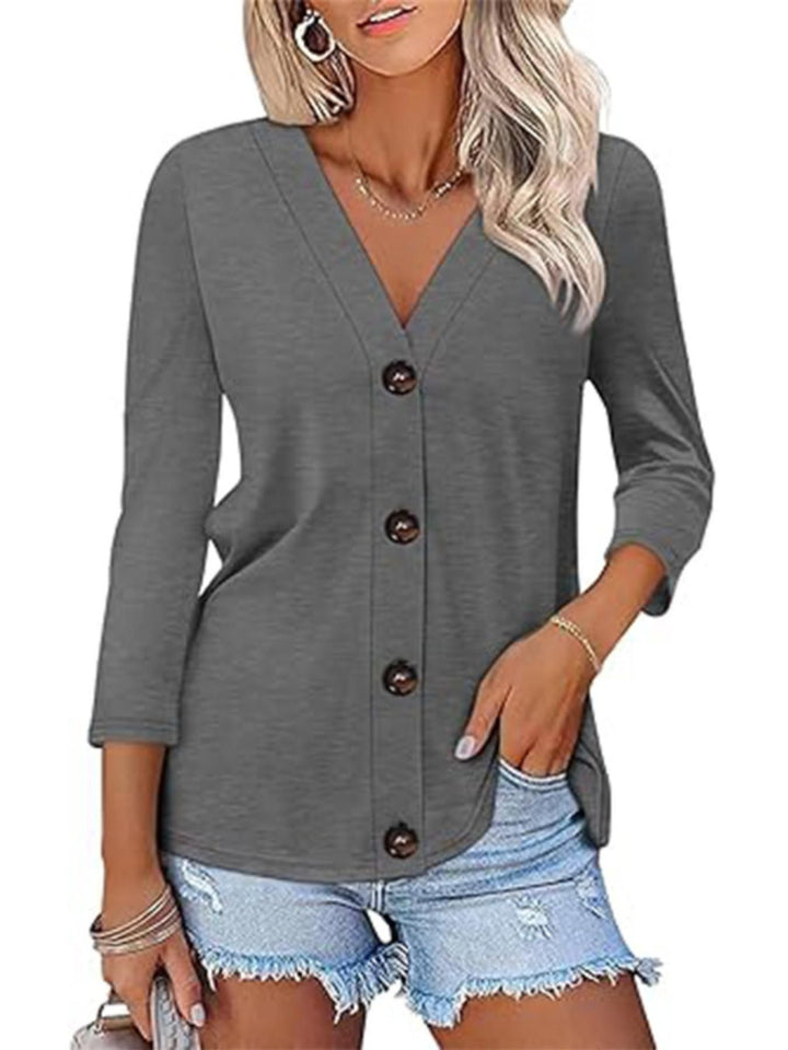 Damen Bluse mit V-Ausschnitt und Knopfleiste Drune