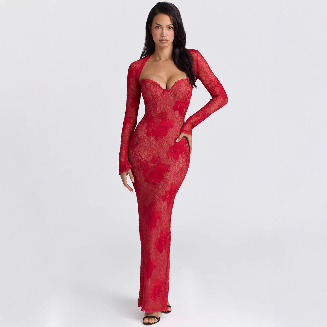 Damen Elegantes Spitzenabendkleid mit langem Arm und verführerischem Schnitt Drune