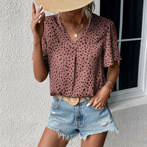 Damen V-Ausschnitt T-Shirt mit Leopardenmuster und fließendem Schnitt Drune