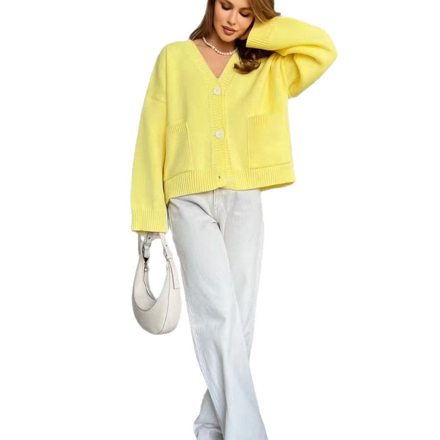 Damen Gemütlicher Strickcardigan mit tiefem V-Ausschnitt und praktischen Taschen Drune