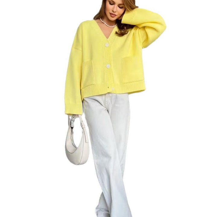 Damen Gemütlicher Strickcardigan mit tiefem V-Ausschnitt und praktischen Taschen Drune