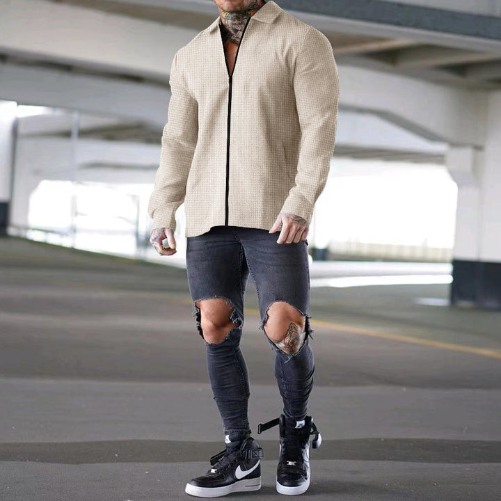 Herren nan strukturierte Zip-Hemdjacke aus Waffelstrick mit Kentkragen und schmaler Silhouette Drune