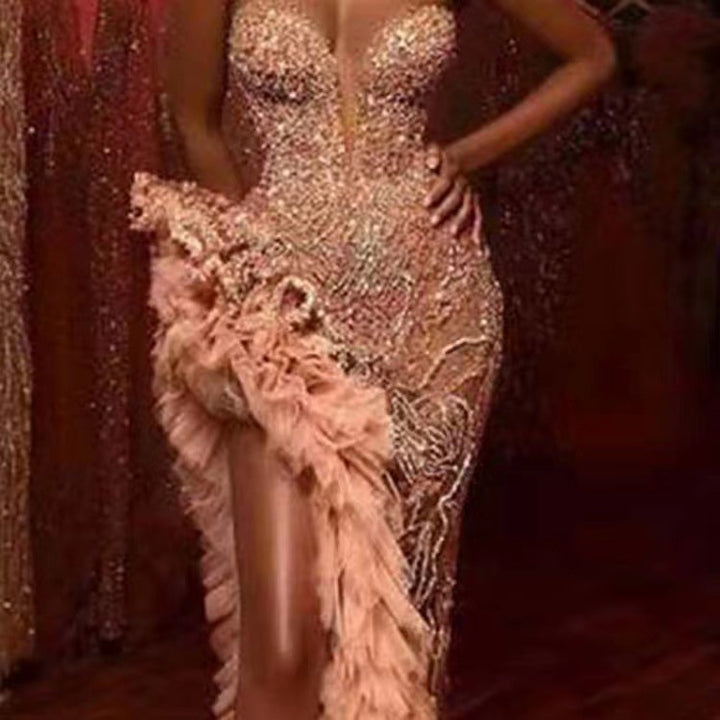 Damen Figurbetontes Abendkleid mit schimmernden Perlen und Rüschendetails Drune