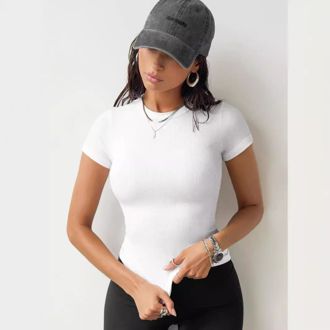 Damen figurbetontes Kurzarmshirt mit Rippstruktur Drune