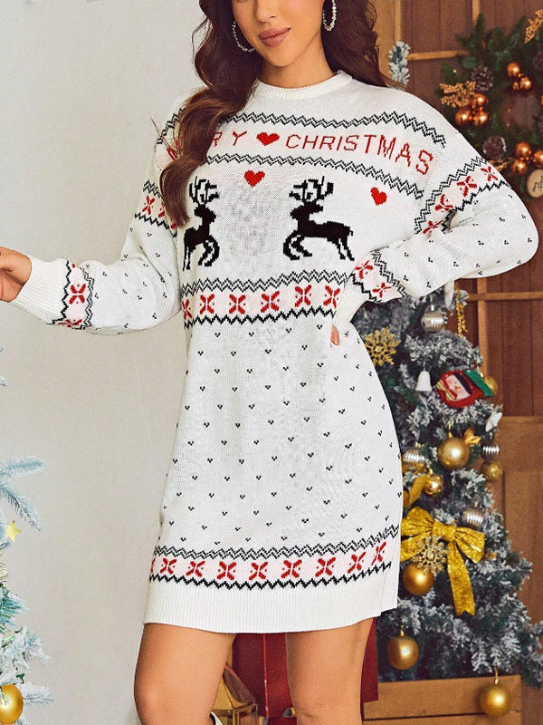 Damen Weihnachtsstrickkleid mit verspieltem Rentier-Design und elegantem Rundhalsausschnitt Drune
