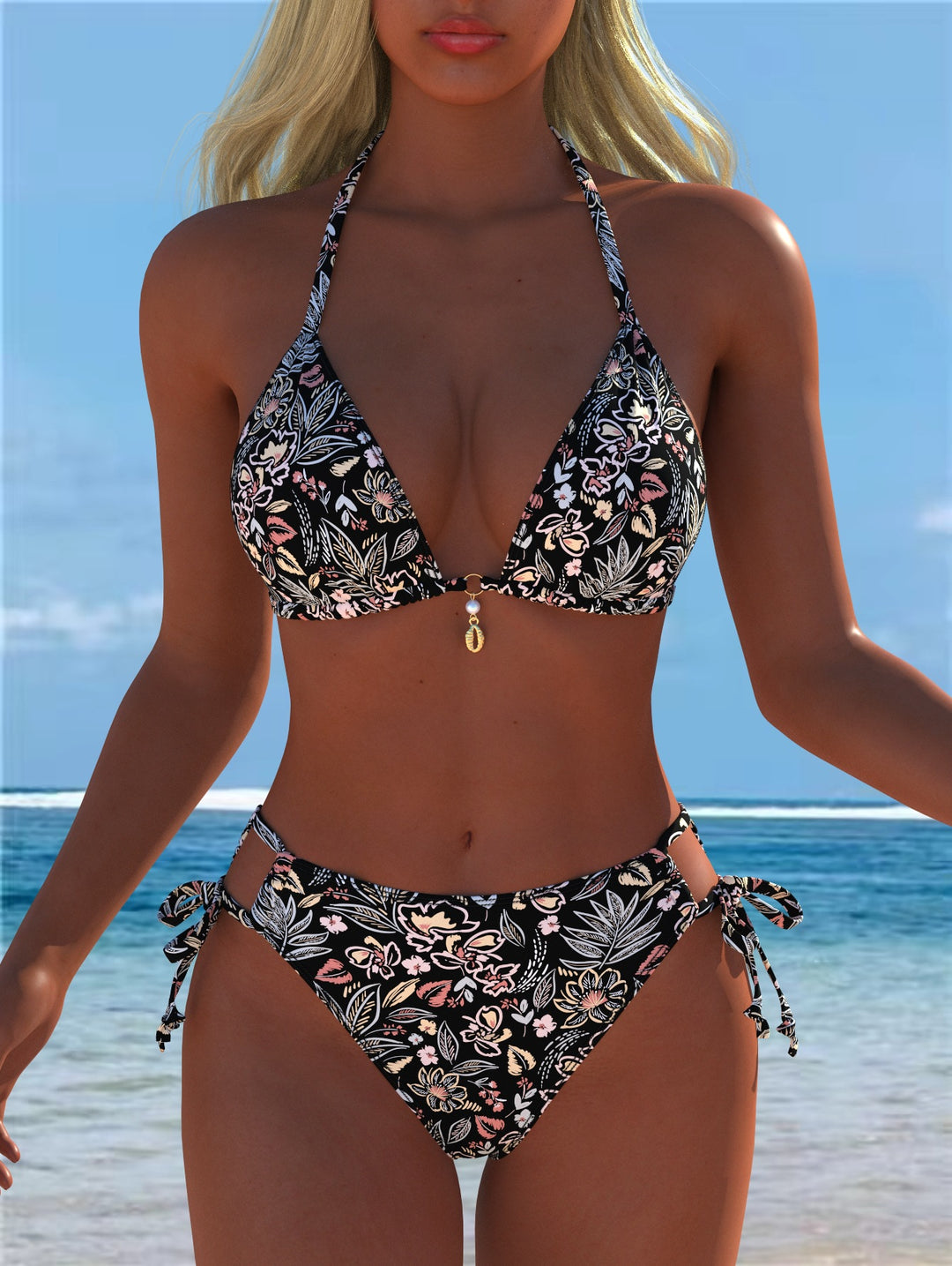 Damen Triangel-Bikini mit verspieltem Floral-Design und verstellbaren Bindebändern Drune