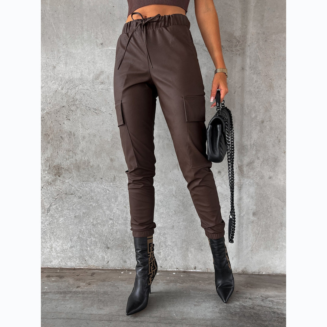 Damen Kunstleder Jogginghose mit praktischen Taschen und elastischem Bund Drune