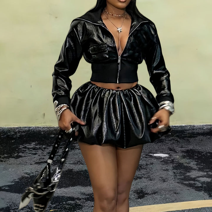 Damen Kurzjacke mit glänzendem Finish und elastischem Bund Drune
