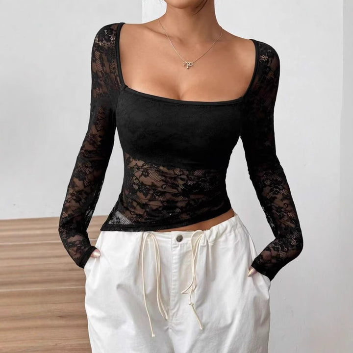 Damen Elegantes Langarm-Top aus Spitze Drune