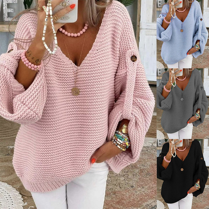 Damen V-Ausschnitt Strickpullover mit weitem Schnitt Drune
