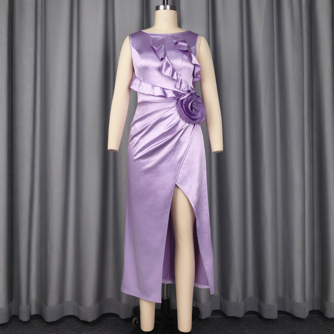Damen Elegantes Satin Abendkleid mit Rüschendetails und seitlichem Schlitz Drune