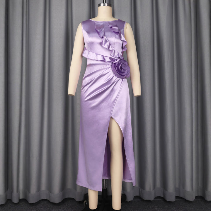 Damen Elegantes Satin Abendkleid mit Rüschendetails und seitlichem Schlitz Drune