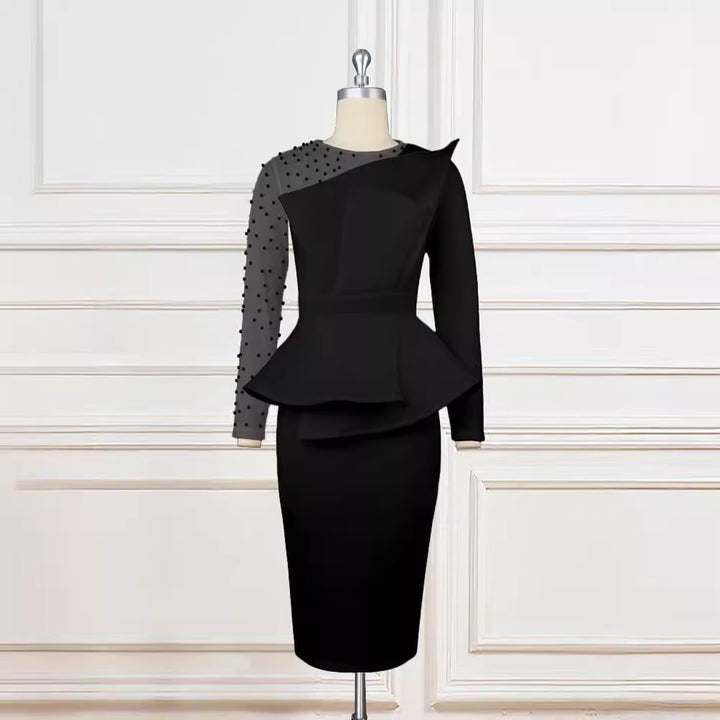 Damen Etuikleid mit transparenten Puffärmeln und dekorativem Peplum Drune
