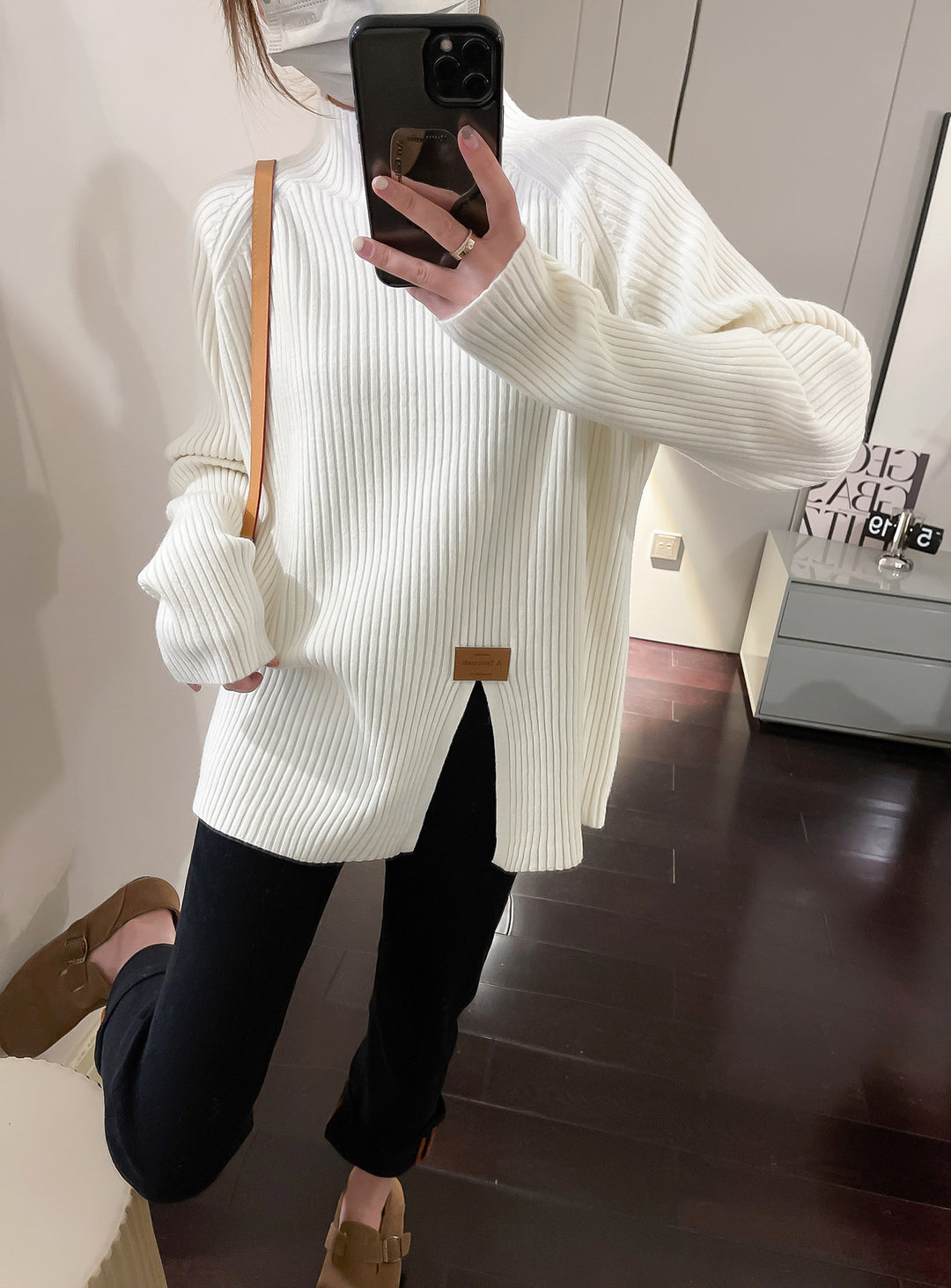 Damen Moderner Rippstrickpullover mit hohem Kragen und asymmetrischem Schnitt Drune
