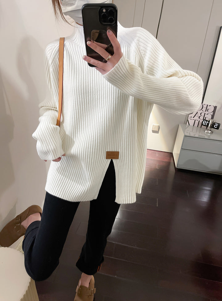Damen Moderner Rippstrickpullover mit hohem Kragen und asymmetrischem Schnitt Drune