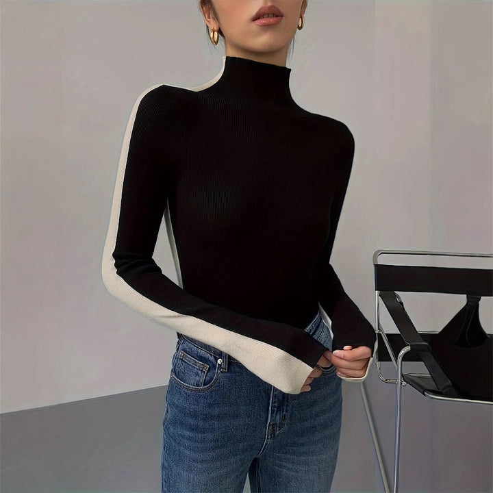 Damen Hochwertiger Rollkragenpullover mit kontrastierenden Ärmeln Drune