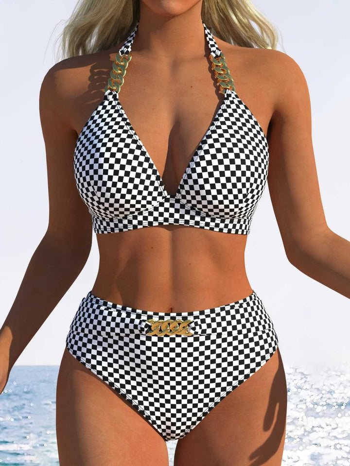 Damen Triangel-Bikini mit verstellbaren Bindebändern und modischem Wellenmuster Drune