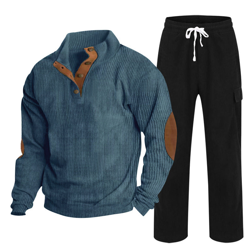 Herren nan Strick-Freizeitset mit Knopfleiste und Ellenbogenaufnähern sowie Cord-Cargohose Drune
