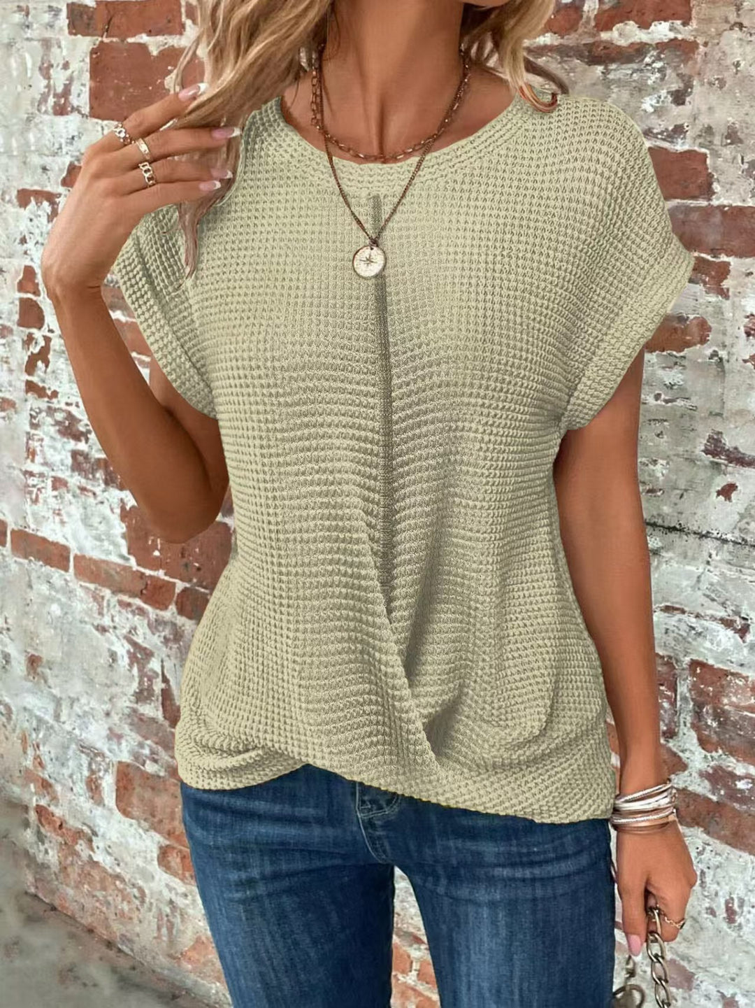 Damen lässiges Waffelpullover mit weichem Stoff und eleganten Ärmeln Drune