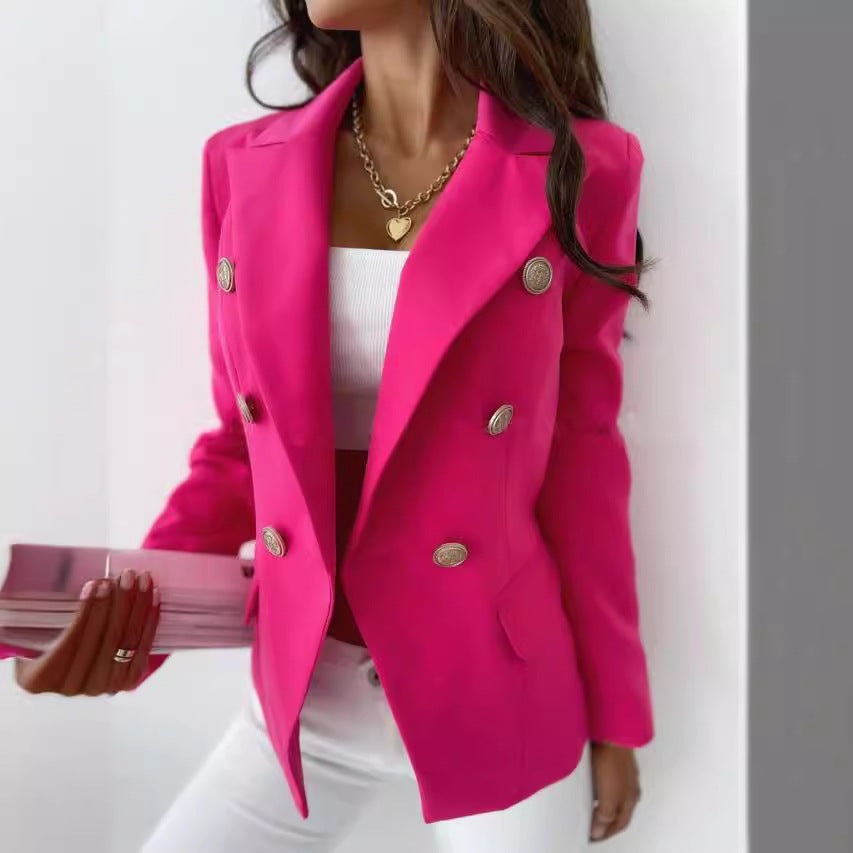 Damen nan Doppelreihiger Blazer mit Reverskragen, Strukturierter Passform und Zierknöpfen Drune