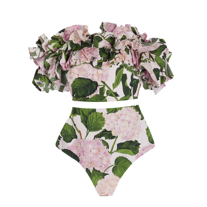Damen Einteiler Badeanzug mit voluminösen Rüschendetails und floralem Design Drune