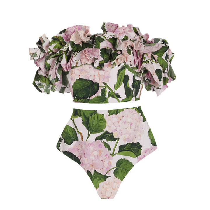 Damen Einteiler Badeanzug mit voluminösen Rüschendetails und floralem Design Drune