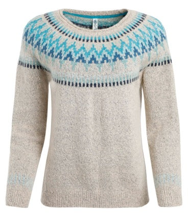 Damen nan melierter Rundhalsausschnittpullover mit kreisförmigem Jacquard-Yoke und geripptem Saum Drune