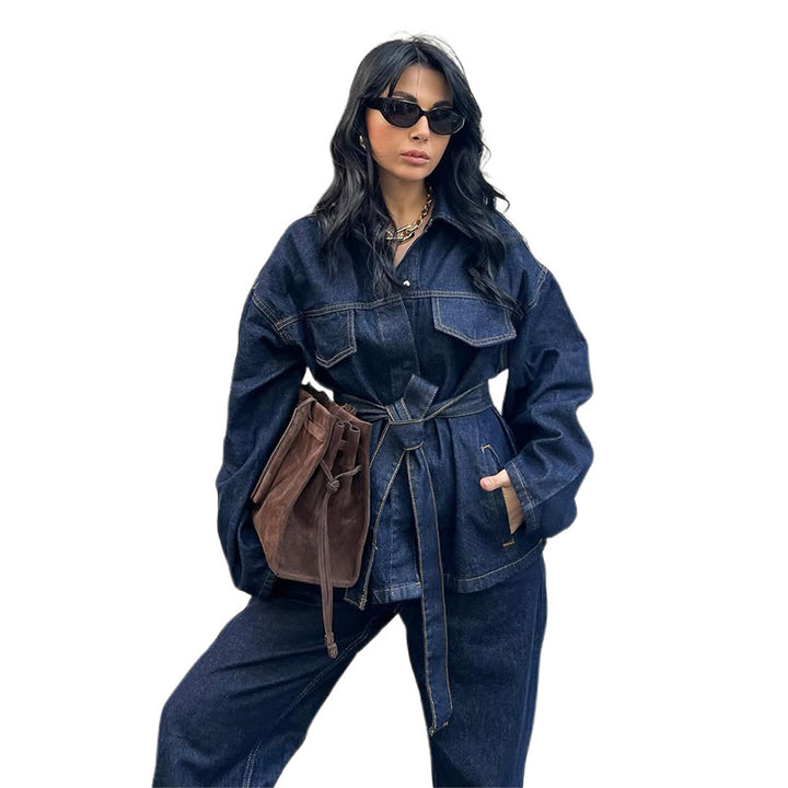 Damen lässige Denim-Jacke mit Gürtel und weitem Schnitt Drune