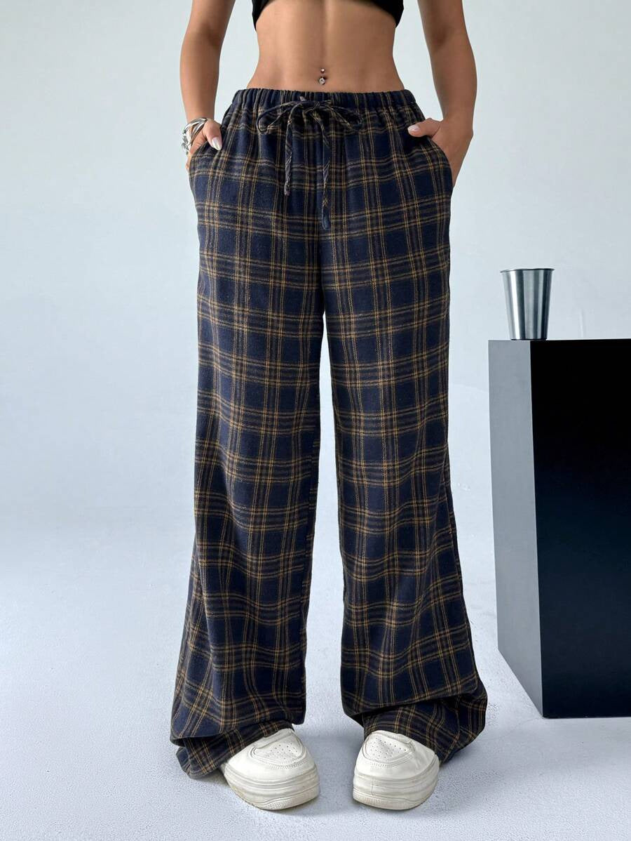 Damen lässige Karohose mit elastischem Bund und Kordelzug Drune